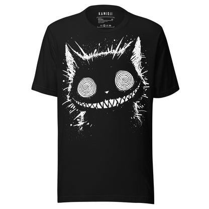 Black T-shirt featuring a creepy Cheshire Cat with spiraled pupils and wide grin in bold white design
