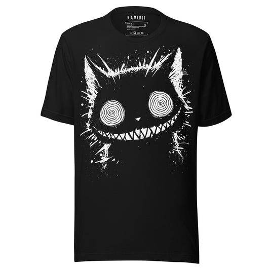 Black T-shirt featuring a creepy Cheshire Cat with spiraled pupils and wide grin in bold white design