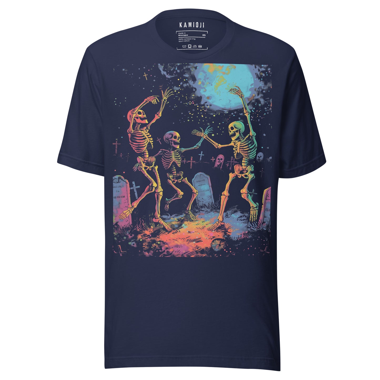 Navy Alternative dark fashion tee with neon skeletons dancing in a graveyard setting