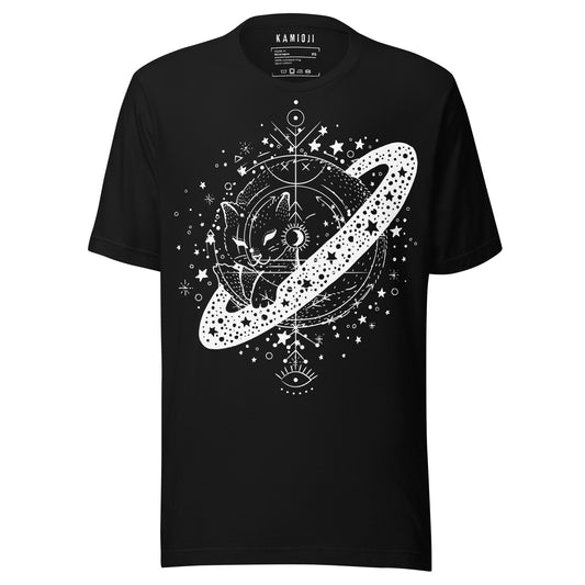 Black T-shirt featuring a celestial cat curled around a ringed planet surrounded by stars and constellations
