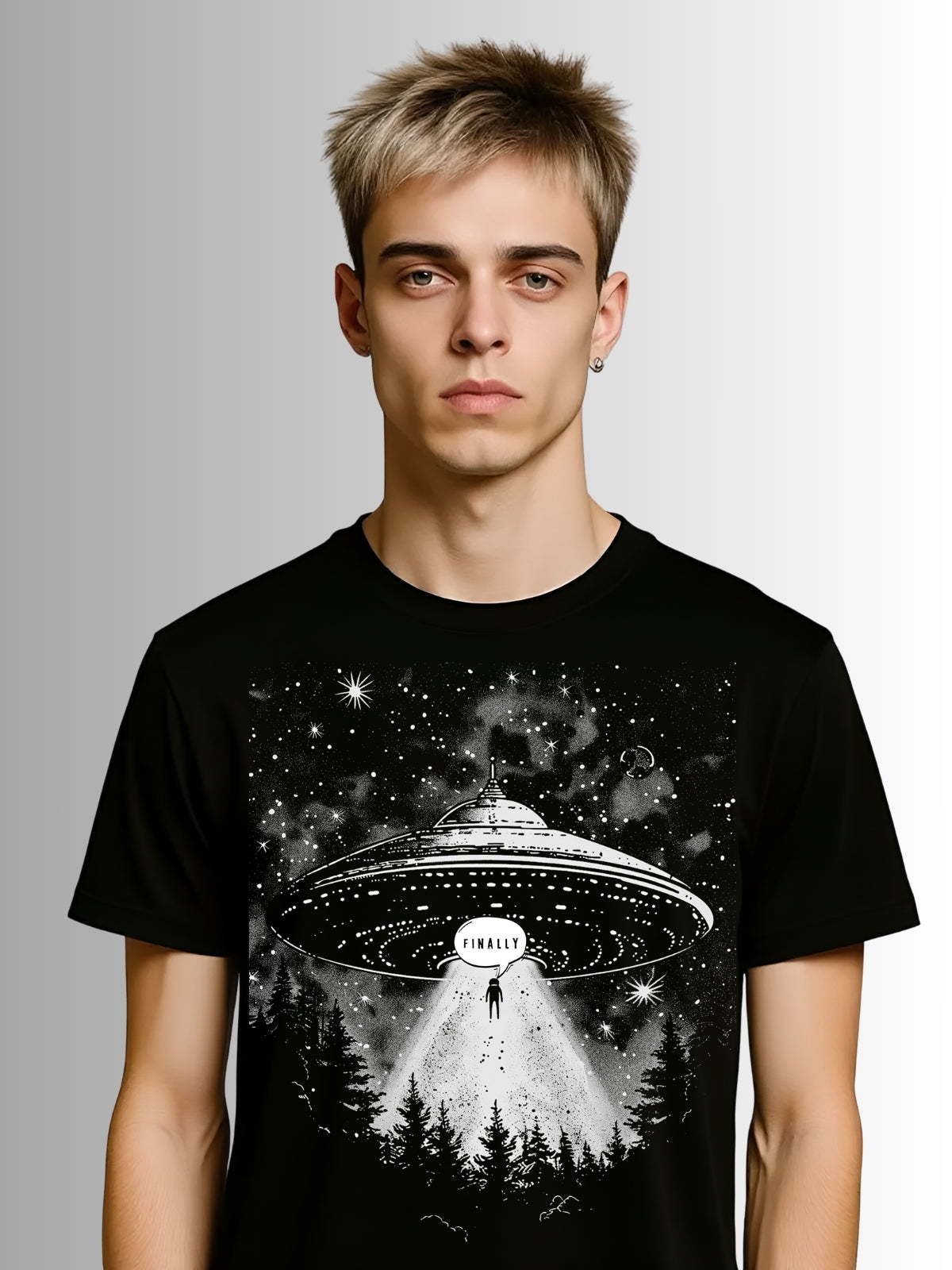 Black alternative streetwear T-shirt featuring UFO light beam over misty trees in gothic sci-fi style
