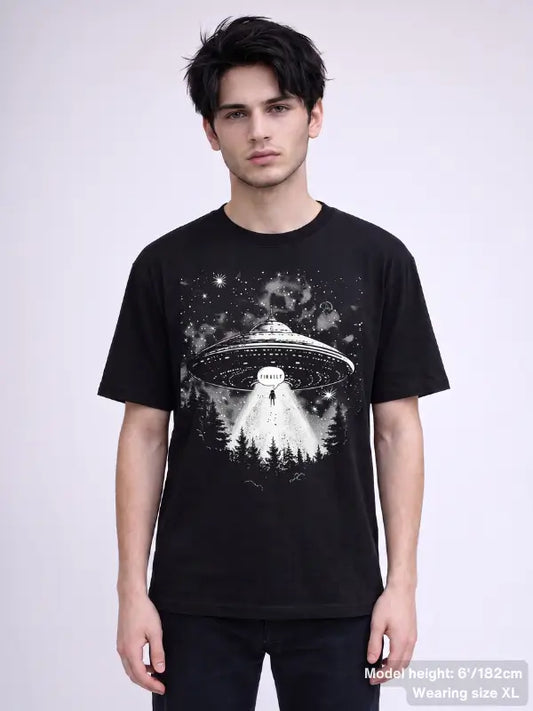 Black alternative streetwear T-shirt featuring UFO light beam over misty trees in gothic sci-fi style | Colour: Black