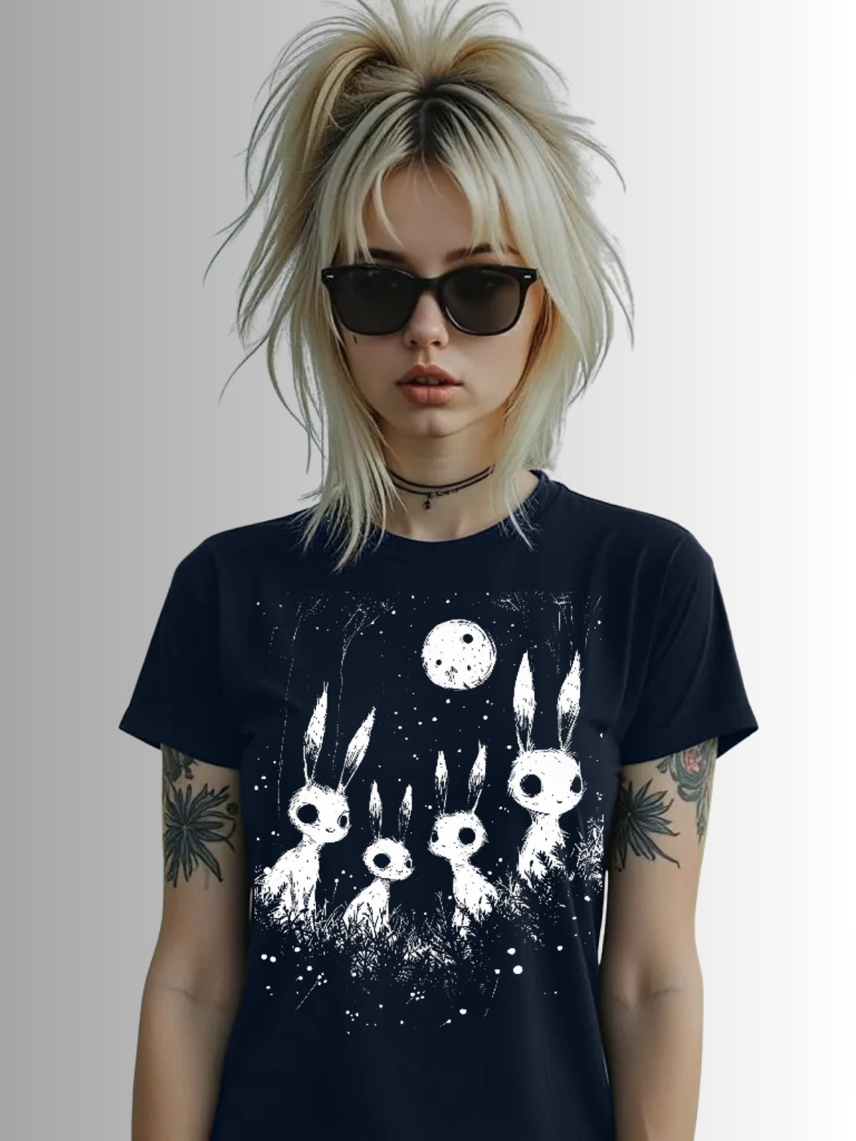 Alternative horror tee with rabbits and full moon illustration