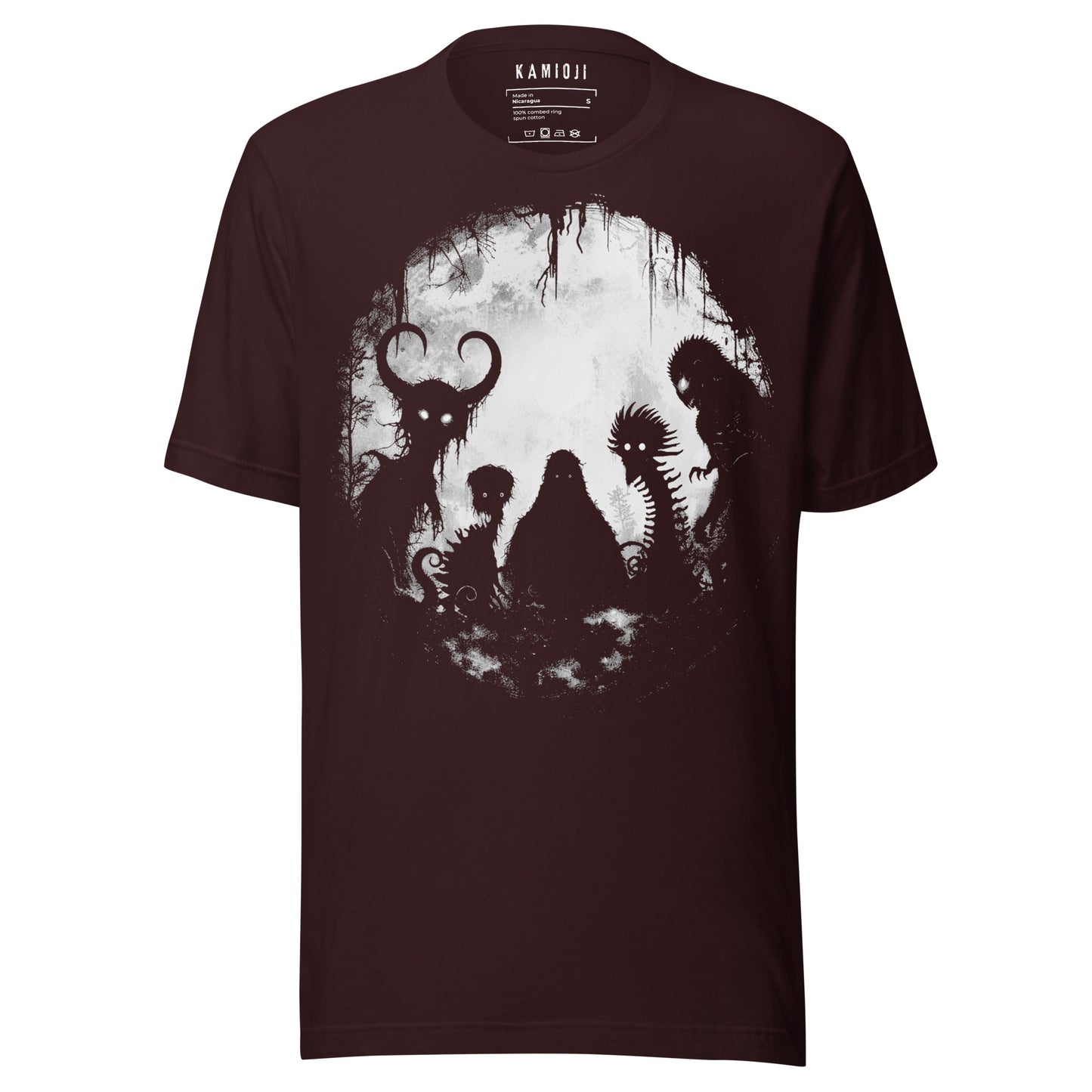 Oxblood Black alternative T-shirt showcasing Mothman, Bigfoot, and cryptid friends in dark graphic style
