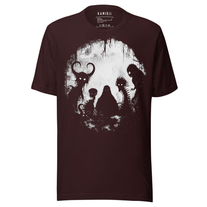 Oxblood Black alternative T-shirt showcasing Mothman, Bigfoot, and cryptid friends in dark graphic style
