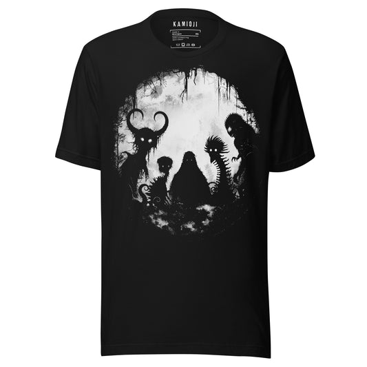 Black T-shirt with Mothman, Bigfoot, and cryptid silhouettes 