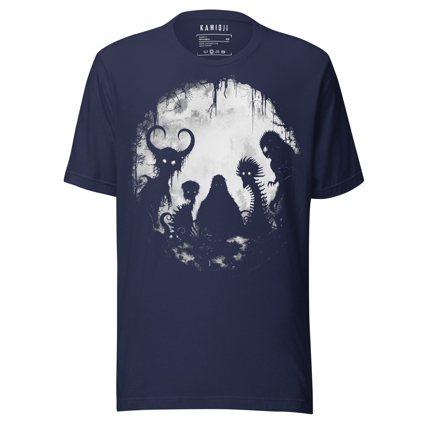 Navy T-shirt featuring cryptid creatures like Bigfoot and Mothman in striking white print
