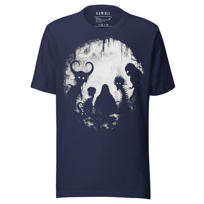 Navy T-shirt featuring cryptid creatures like Bigfoot and Mothman in striking white print
