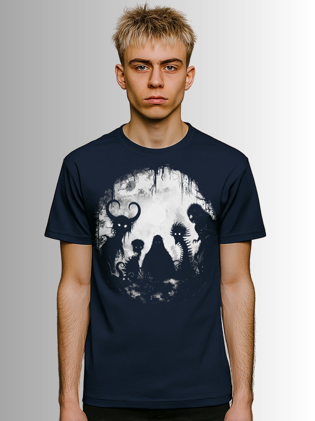 Alternative navy gothic tee with legendary cryptids illustrated in bold graphic design