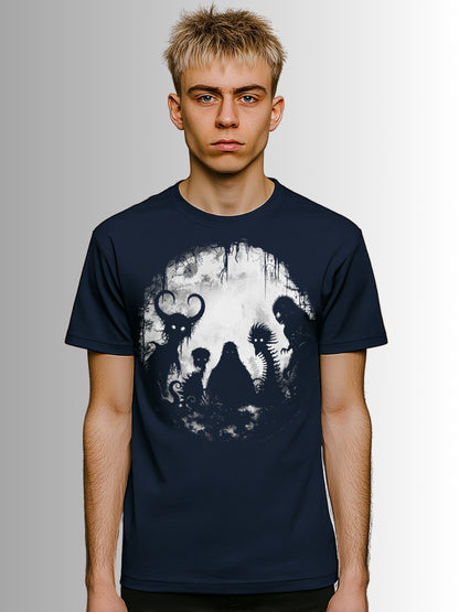 Alternative navy gothic tee with legendary cryptids illustrated in bold graphic design