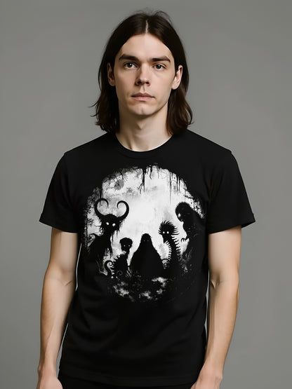 Gothic black tee featuring legendary cryptid creatures in a horror-inspired illustration