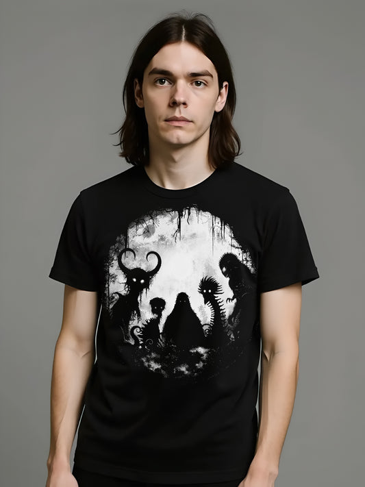 Gothic black tee featuring legendary cryptid creatures in a horror-inspired illustration