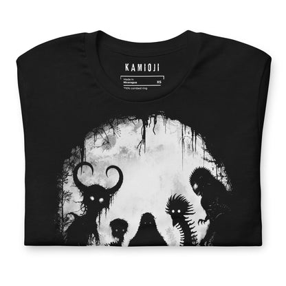 Gothic black tee featuring legendary cryptid creatures in a horror-inspired illustration | Colour: Black