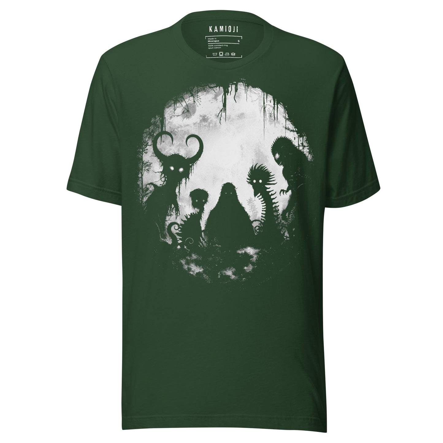 Green gothic T-shirt with iconic cryptids Mothman, Bigfoot, and Jersey Devil in horror art style
