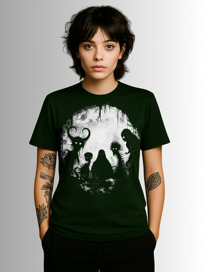 Dark green alternative tee showcasing a lineup of cryptid legends in bold monochrome print