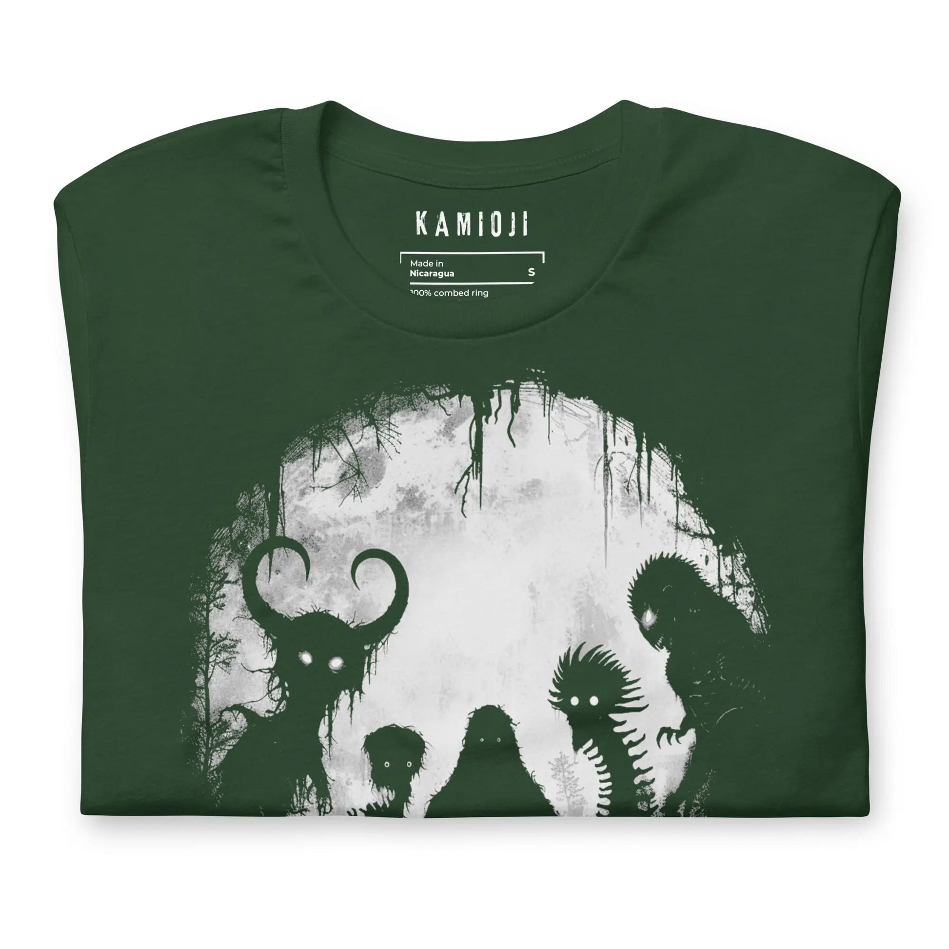 Forest green alternative tee showcasing a lineup of cryptid legends in bold monochrome print | Colour: Green