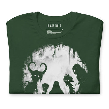 Forest green alternative tee showcasing a lineup of cryptid legends in bold monochrome print | Colour: Green