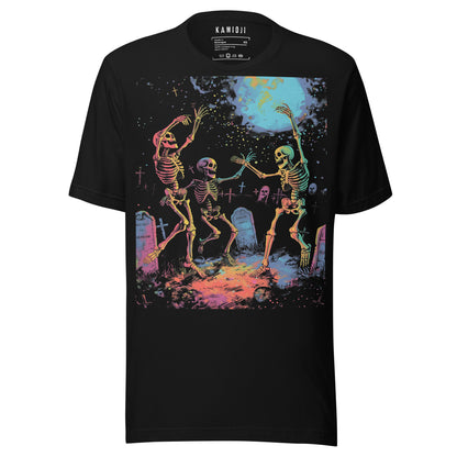 Black graphic tee with colorful skeletons dancing in a graveyard under the moonlight