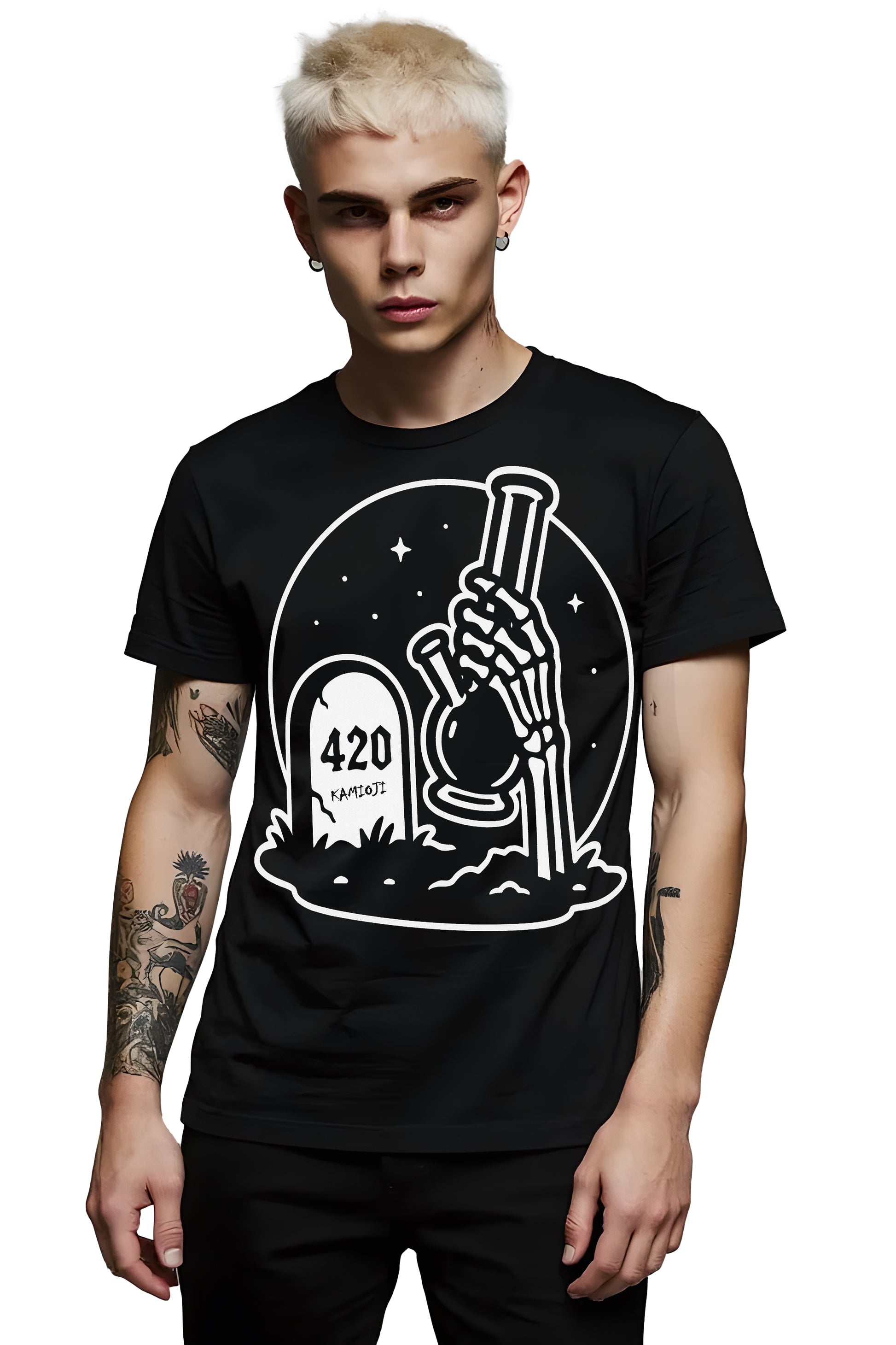 Black alternative T-shirt blending gothic and stoner themes with skeleton hand, bong, and grave illustration