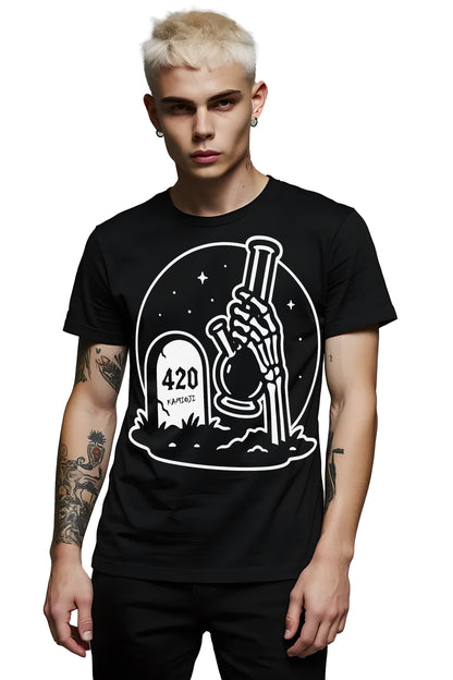 Black alternative T-shirt blending gothic and stoner themes with skeleton hand, bong, and grave illustration