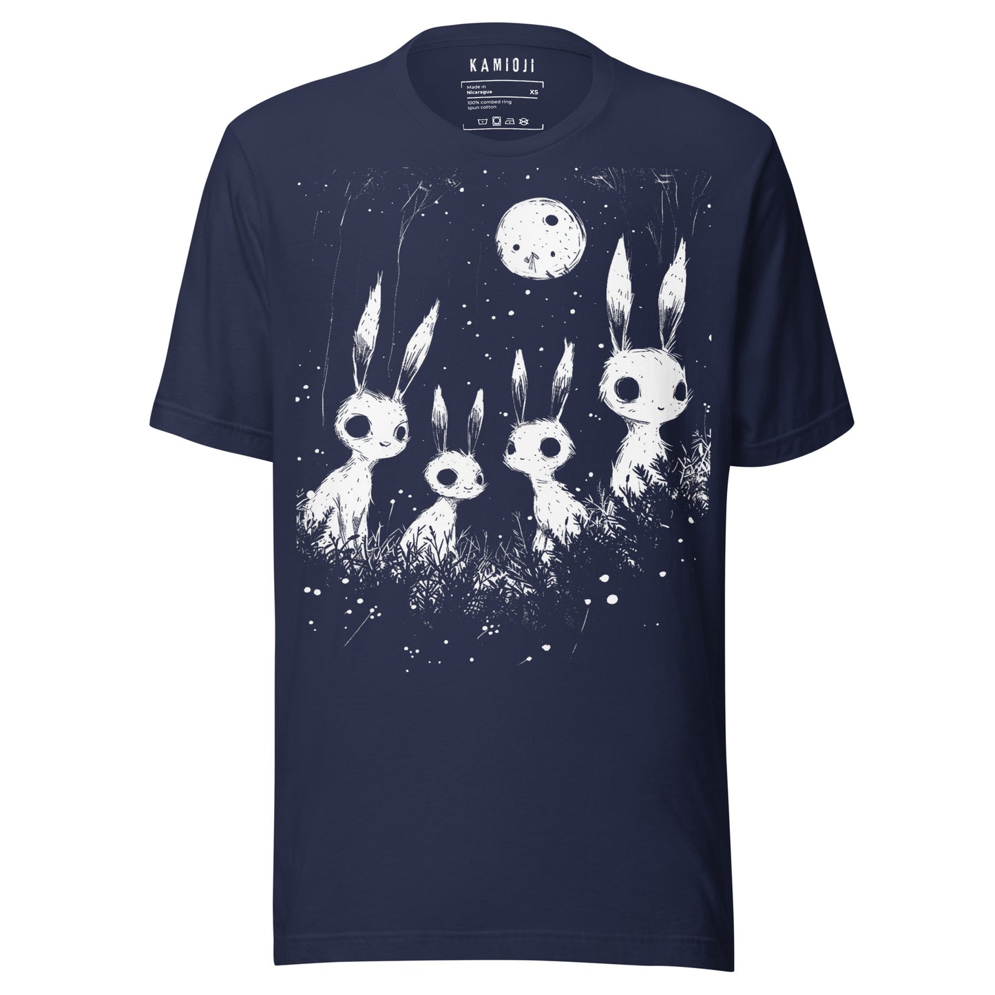 Navy Gothic horror shirt with eerie rabbits under moonlight in monochrome design