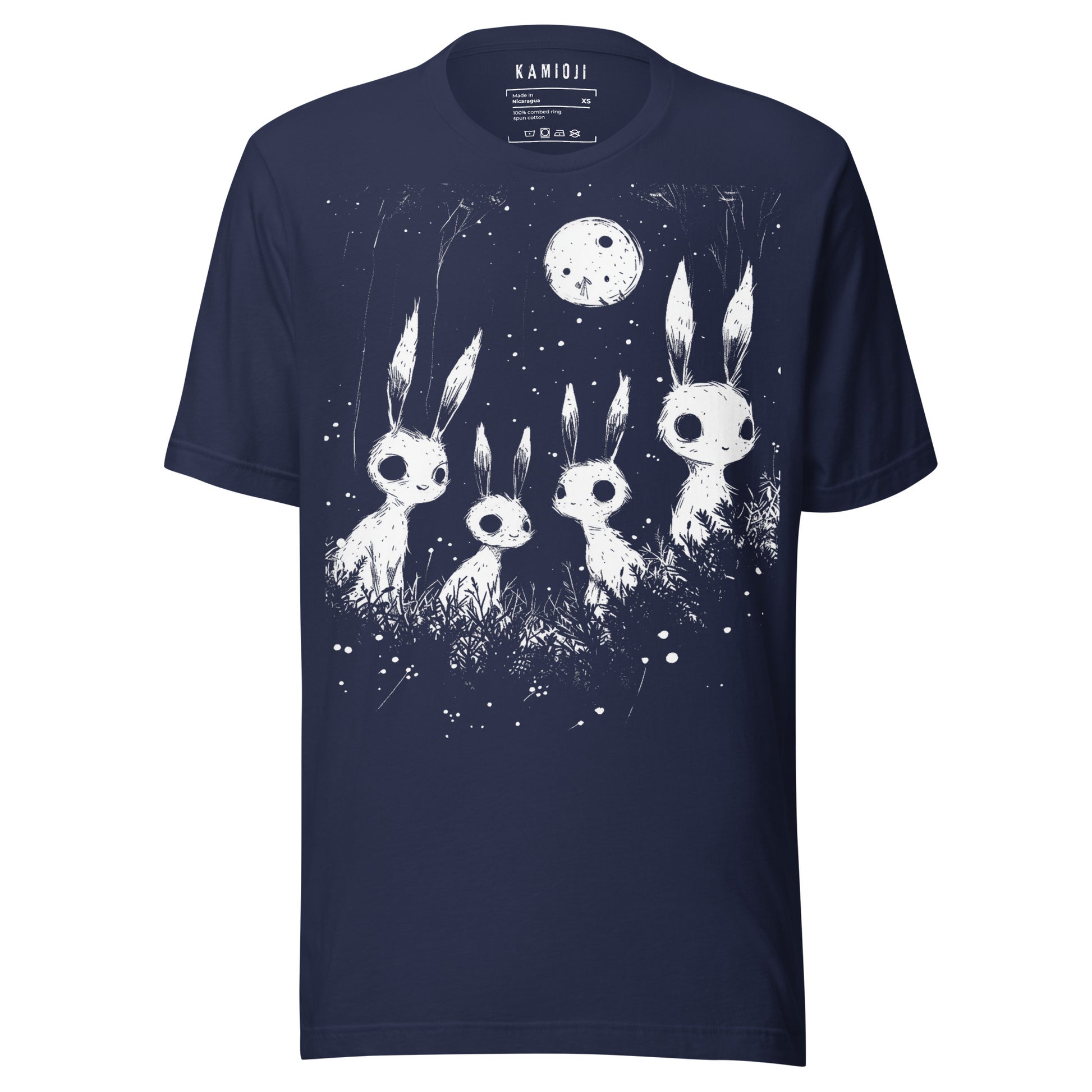 Navy Gothic horror shirt with eerie rabbits under moonlight in monochrome design
