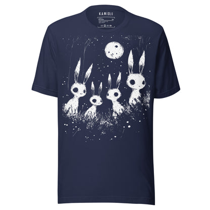 Navy Gothic horror shirt with eerie rabbits under moonlight in monochrome design