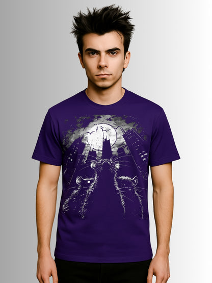 Purple alternative tee featuring detailed gothic artwork of rats and crumbling city architecture