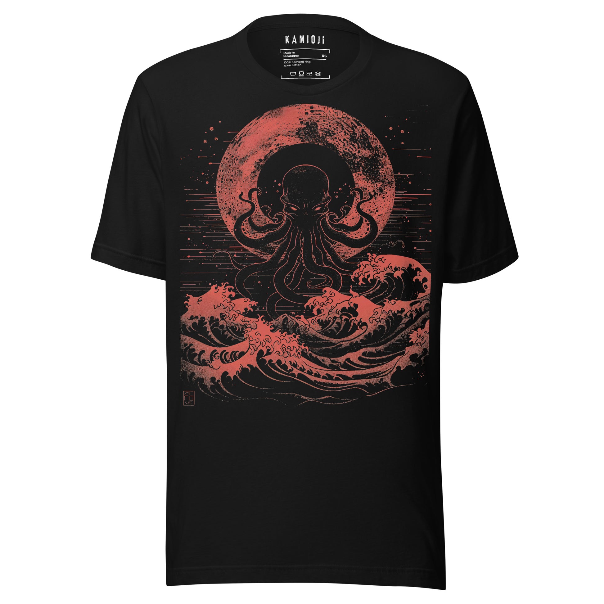 Alternative black T-shirt with red ocean waves and kraken illustration inspired by Lovecraftian horror