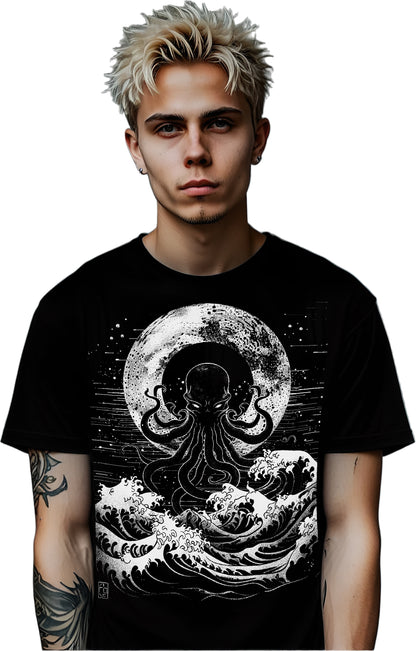 Alternative black T-shirt with mythic sea creature artwork, combining nautical horror and gothic design