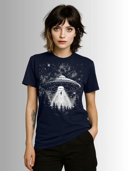 Navy tee with alien spacecraft design and horror-inspired forest abduction artwork