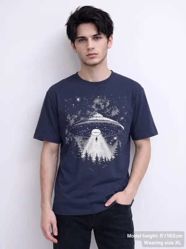 Navy tee with alien spacecraft design and horror-inspired forest abduction artwork | Colour: Navy