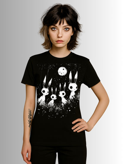Alternative T-shirt with haunting rabbit silhouettes beneath glowing moon
