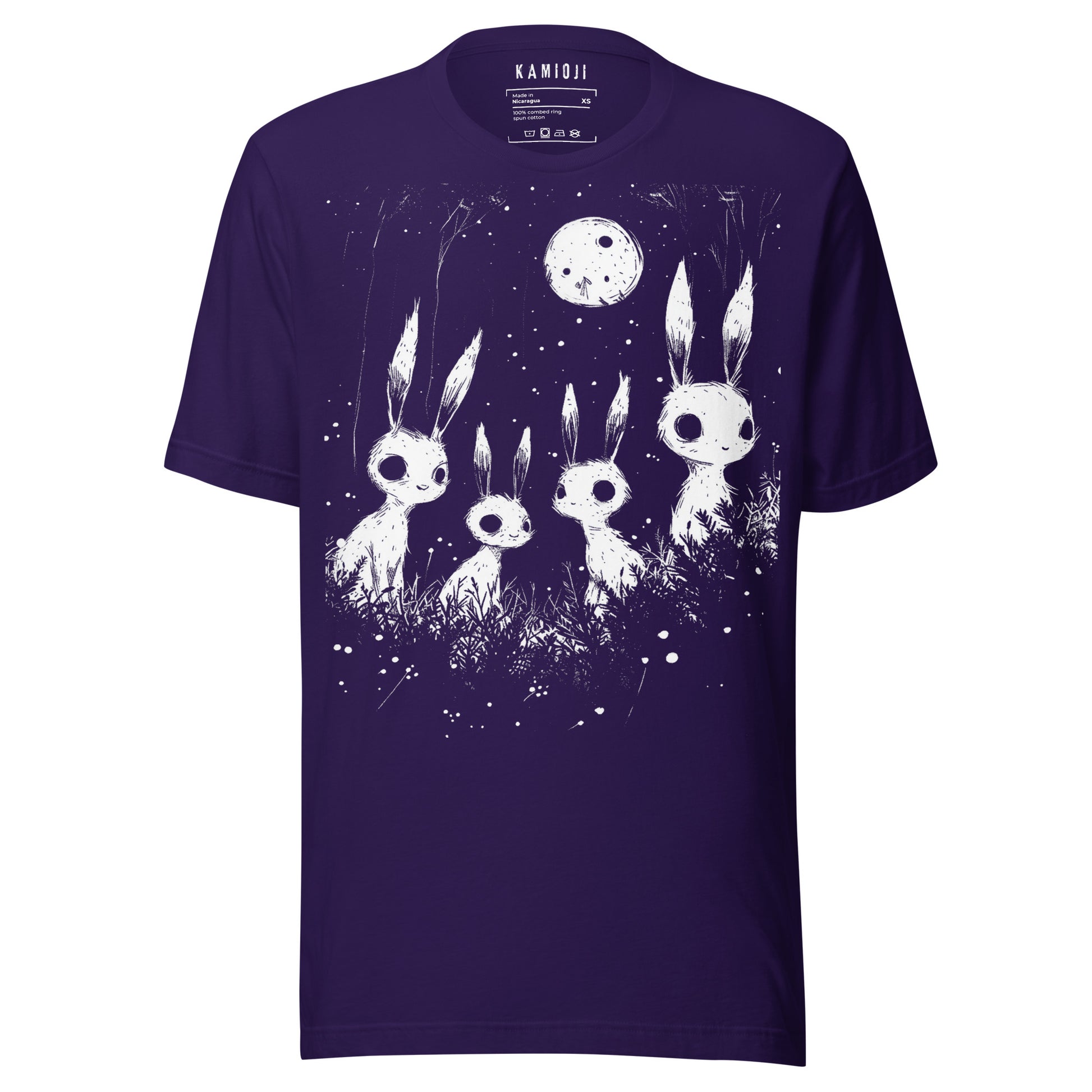 Purple streetwear tee with haunting rabbit design and night scene