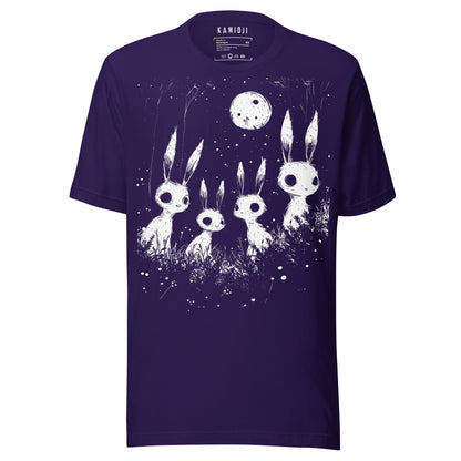 Purple streetwear tee with haunting rabbit design and night scene