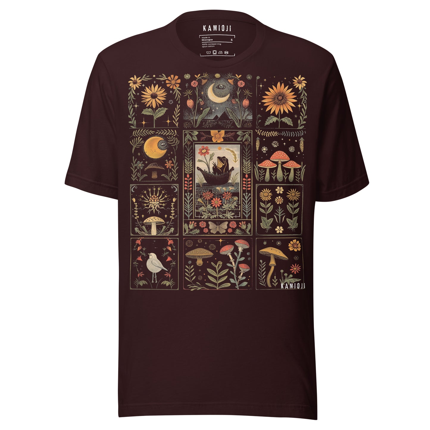 Oxblood black color, Gothic cottagecore T-shirt with celestial moon, flowers, mushrooms, and symbolic dark art patterns