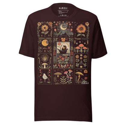 Oxblood black color, Gothic cottagecore T-shirt with celestial moon, flowers, mushrooms, and symbolic dark art patterns