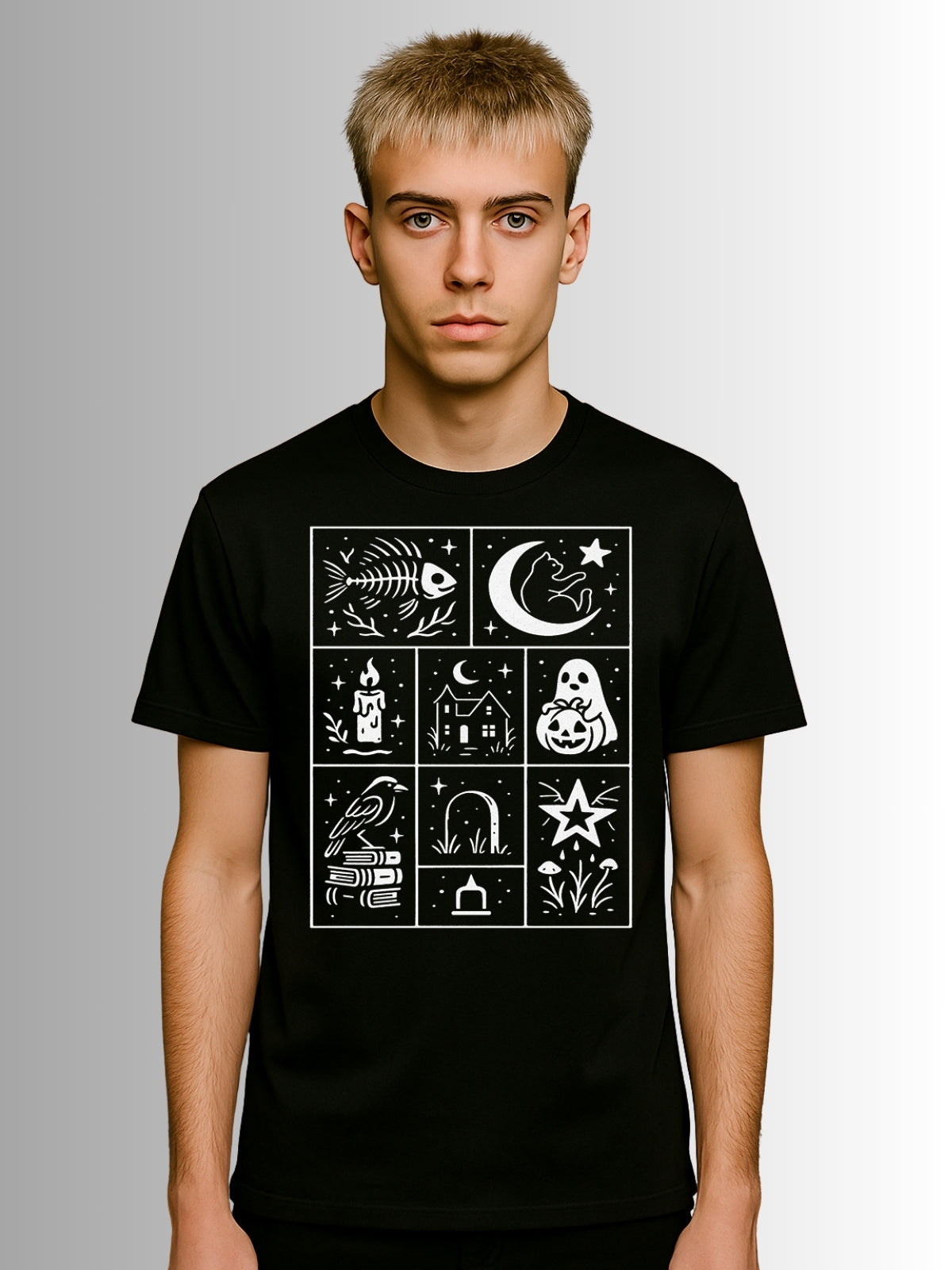 Black gothic tee showcasing a grid of eerie Halloween symbols like ghosts, ravens, and stars in minimalist white design