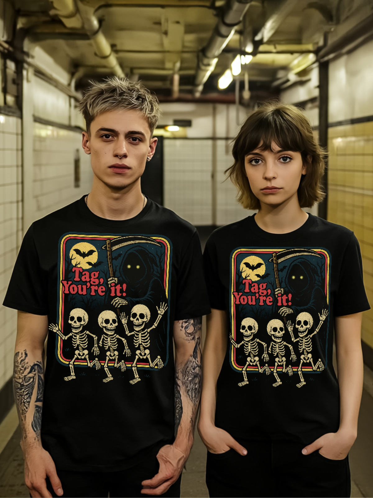 Alternative dark fashion T-shirt featuring grim reaper chasing skeletons with spooky retro style