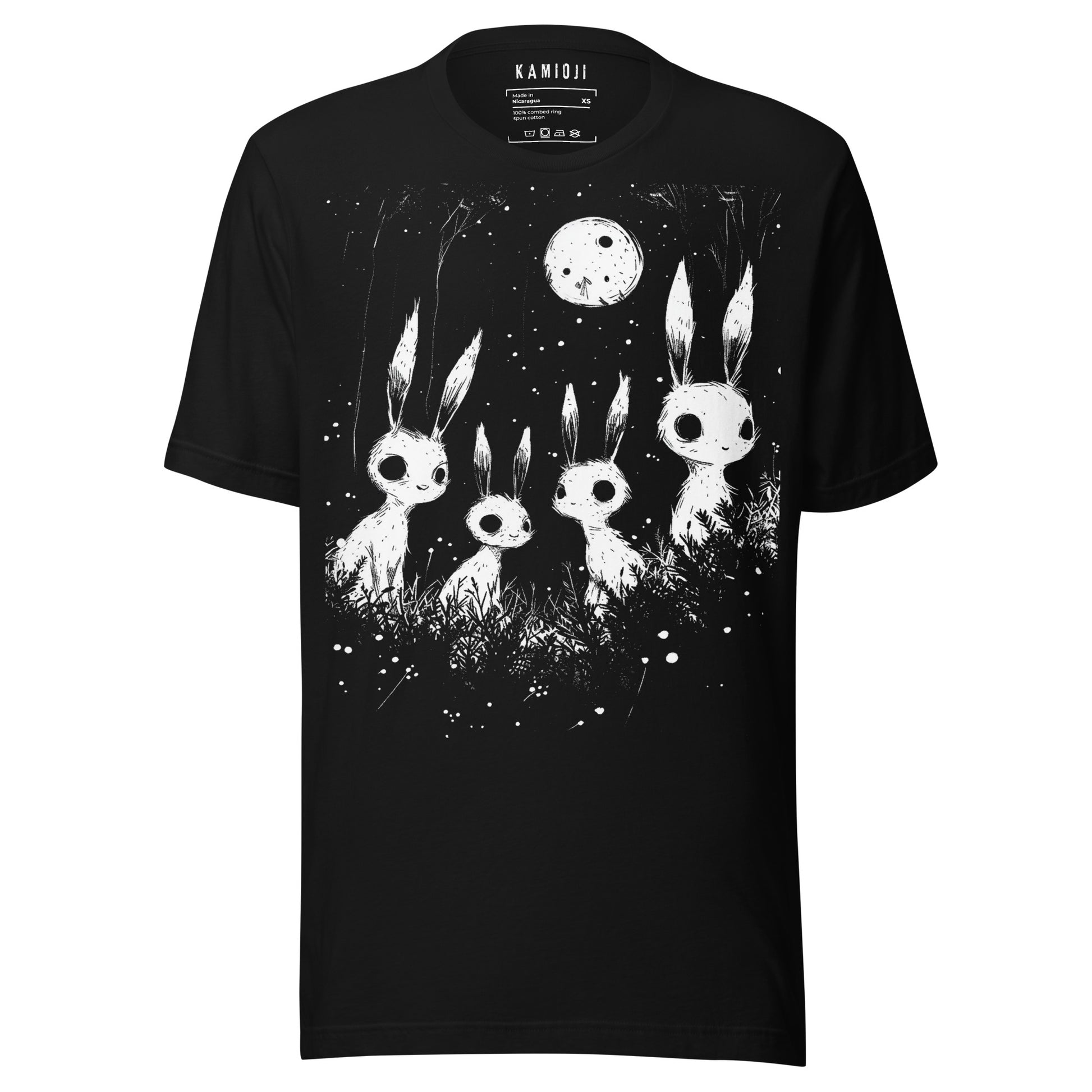 Black gothic T-shirt with eerie white rabbit figures under a full moon design