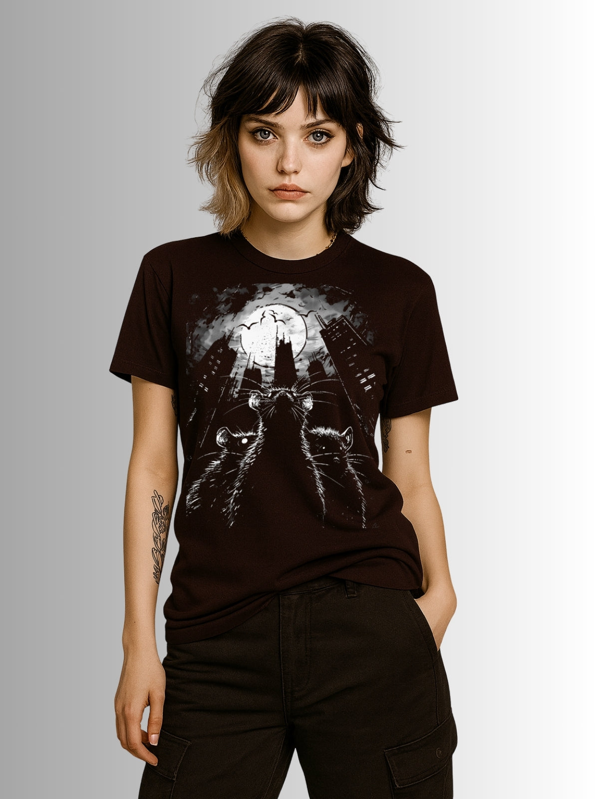 Dark red alternative tee featuring artistic rats over an apocalyptic skyline with high-contrast detail