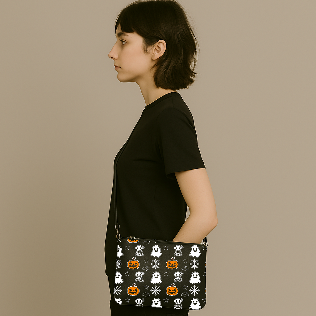 Black crossbody bag with cute ghost, pumpkin, skeleton, and spiderweb Halloween pattern
