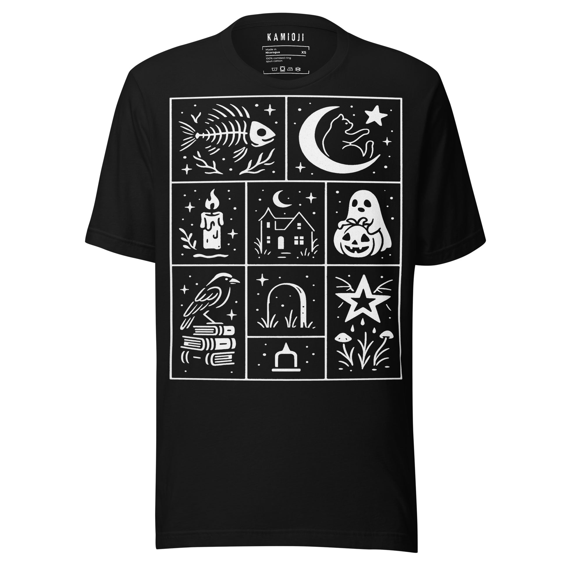 Black T-shirt featuring spooky white line art icons including ghosts, candles, bats, moons, and haunted houses