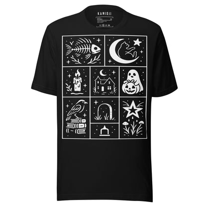 Black T-shirt featuring spooky white line art icons including ghosts, candles, bats, moons, and haunted houses