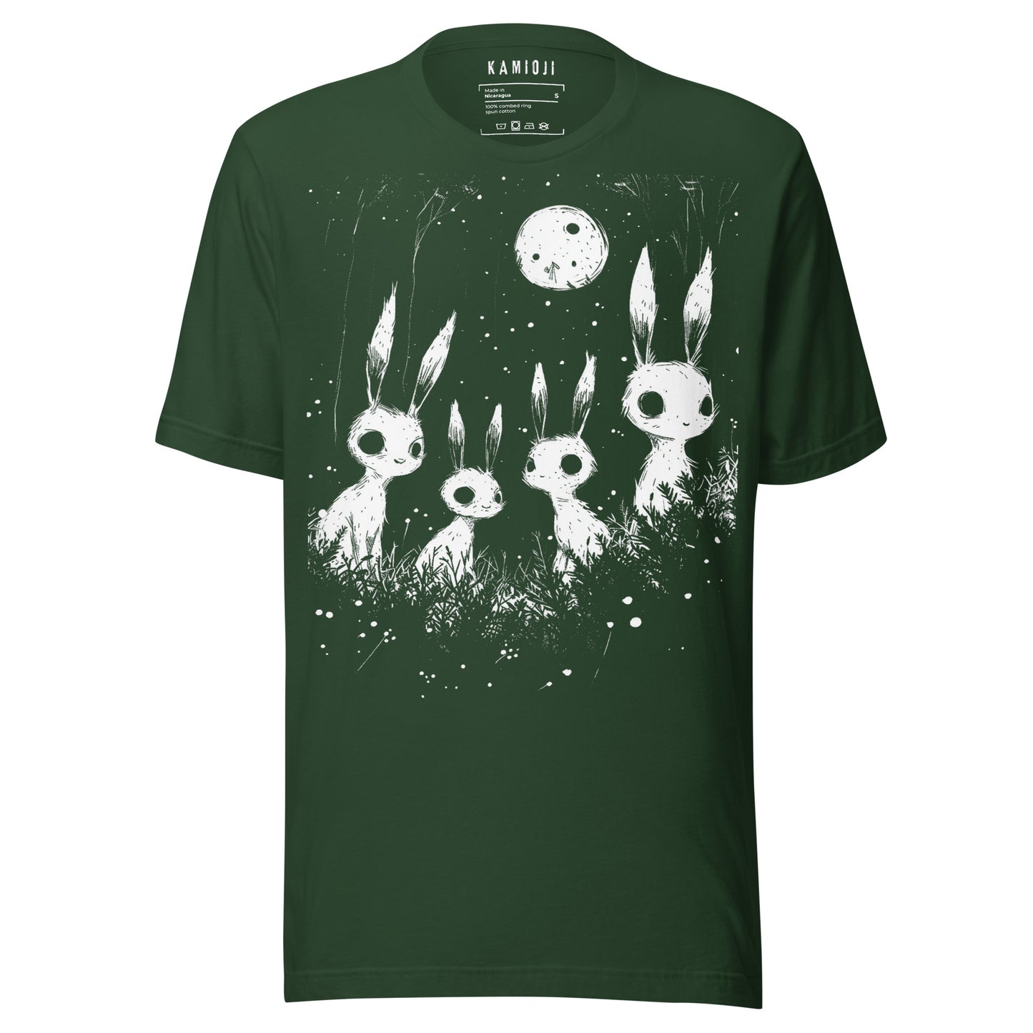 Forest Green alternative T-shirt with eerie rabbit silhouettes staring under a glowing moon