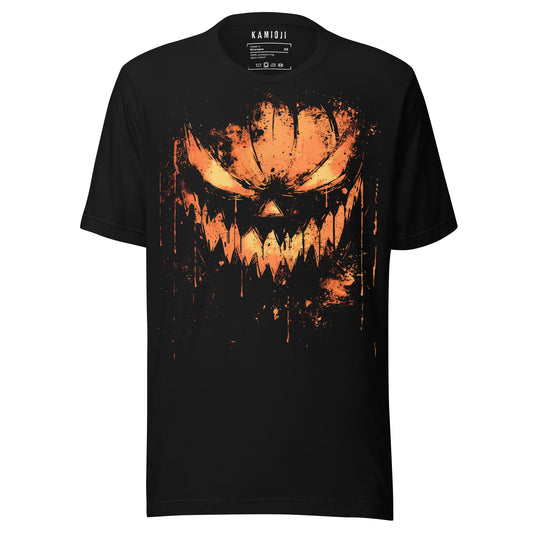 Black T-shirt featuring a fiery jack-o’-lantern face with sharp teeth and dripping grunge-style texture