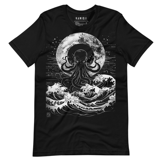 Black T-shirt featuring an intricate white Kraken rising from stormy ocean waves beneath a full moon
