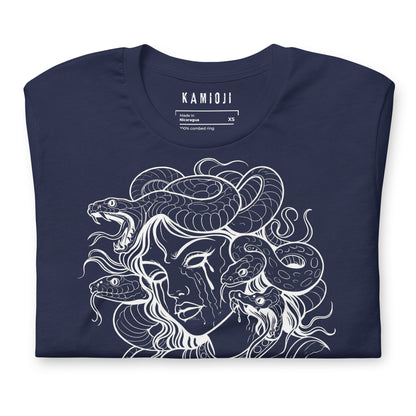 Unisex alternative t shirt with Medusa design and dark illustrative style.