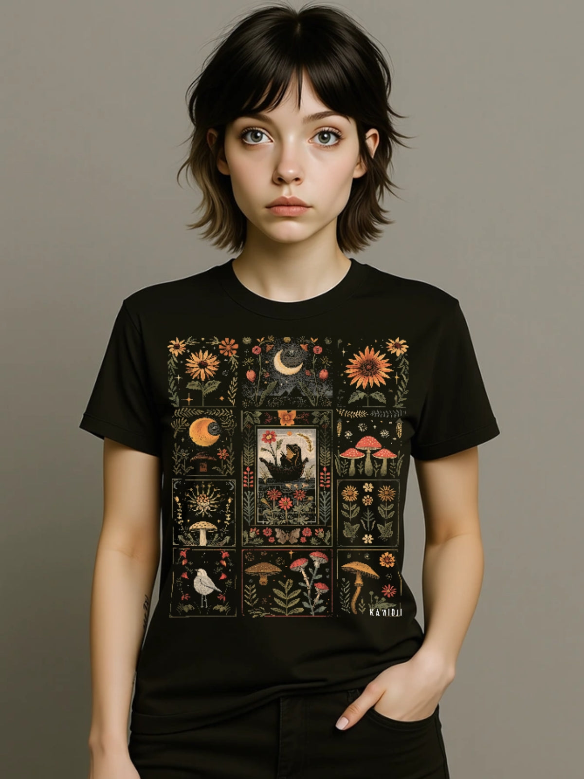 Black alternative graphic tee featuring mystical floral and moon designs with mushrooms and occult-inspired artwork