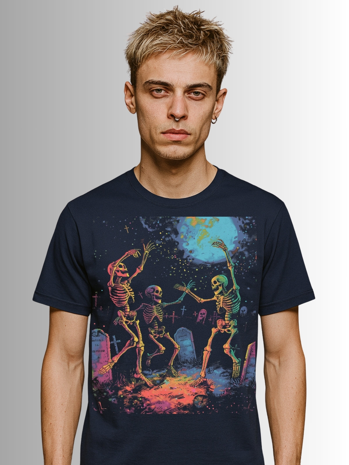navy T-shirt with vibrant skeletons and spooky moonlit graveyard design